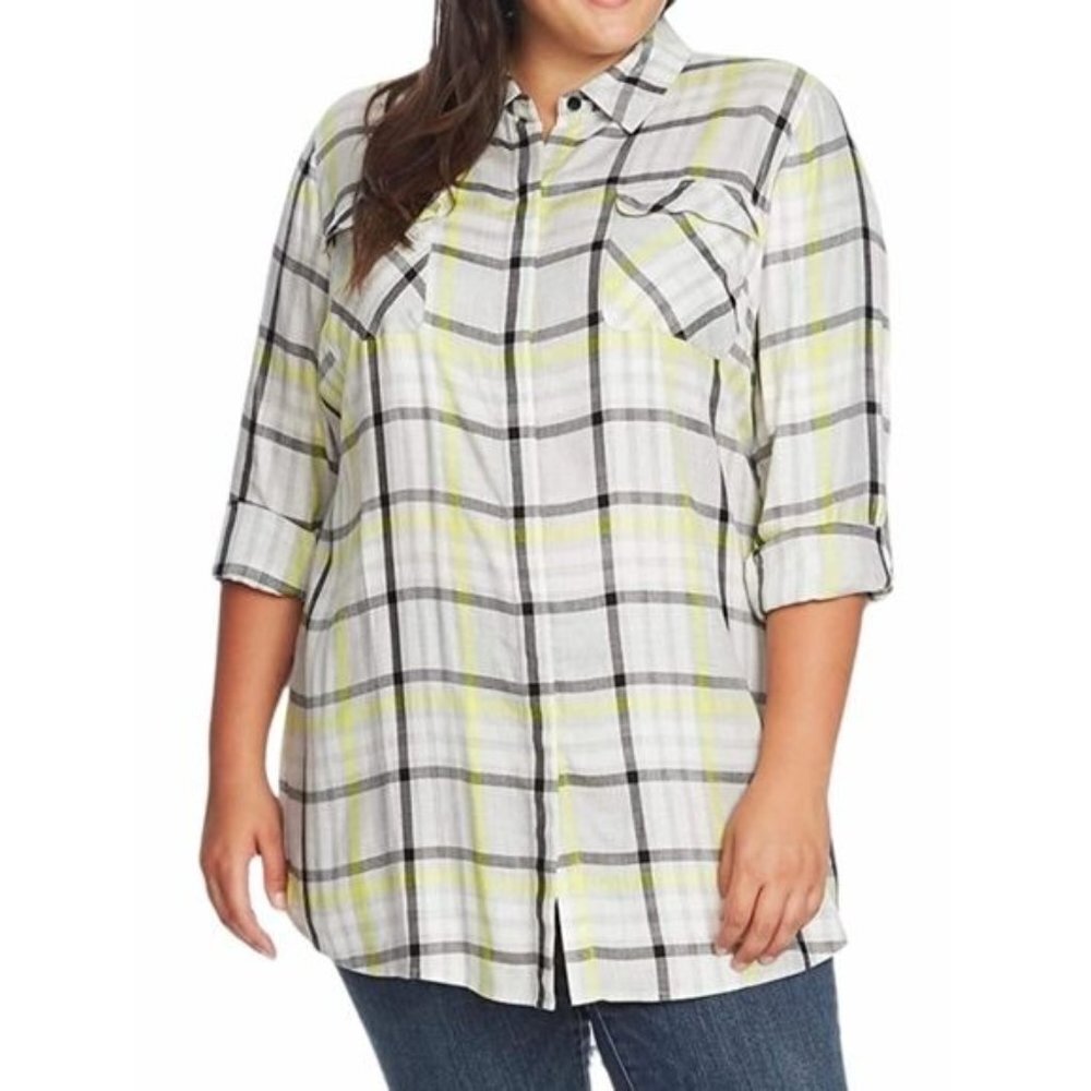 NWT Vince Camuto Tunic Plaid‎ Button Down Top in Lime Chrome Size 1X